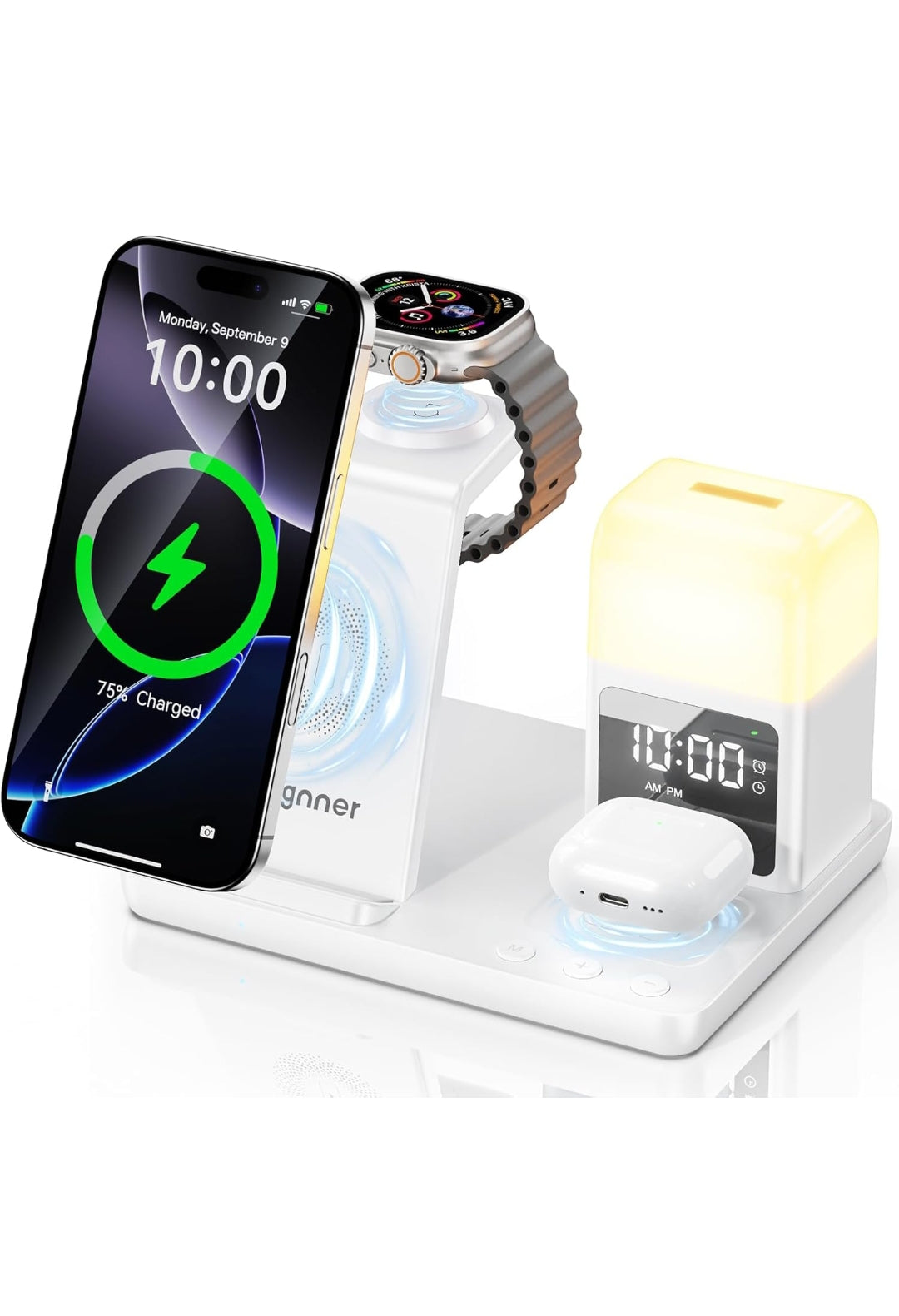 Augnner Stazione di ricarica induttiva per iPhone 16/15/14/13/12/11 Serie, caricatore wireless 6 in 1 con lampada da comodino e sveglia, caricatore wireless compatibile con Apple Watch Series, AirPods , spedizione gratuita