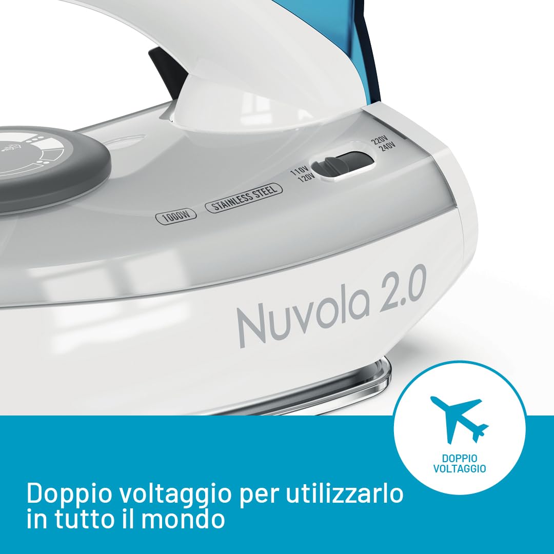 Imetec Nuvola 2.0 - Ferro da Stiro da Viaggio a Vapore - Piastra in Acciaio Inox - 1000 Watt - Compatto e leggero - Manico pieghevole - Custodia da Viaggio - Doppio Voltaggio - Colpo vapore 80 g , spedizione gratuita su ordine superiore a 50€