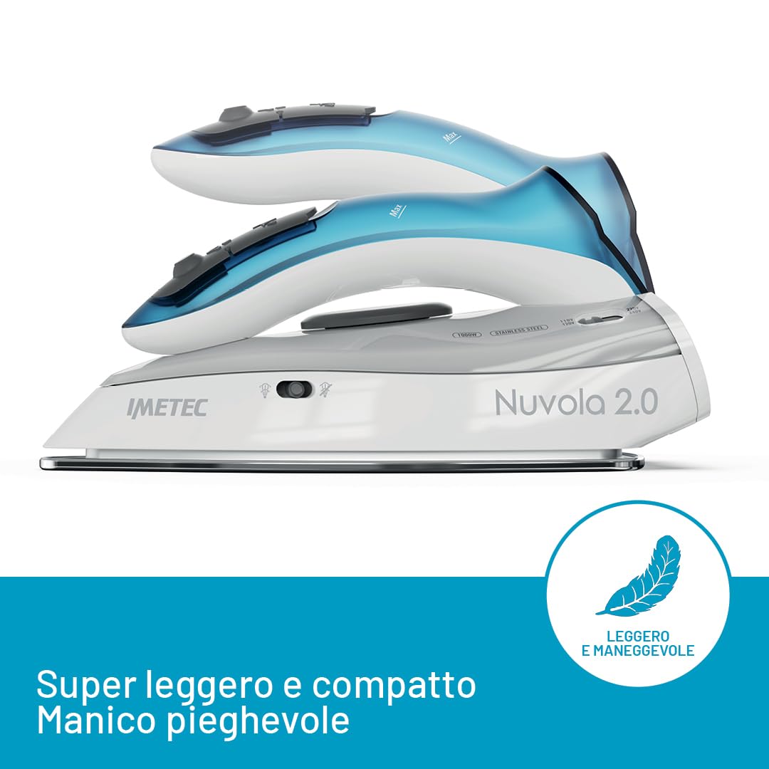 Imetec Nuvola 2.0 - Ferro da Stiro da Viaggio a Vapore - Piastra in Acciaio Inox - 1000 Watt - Compatto e leggero - Manico pieghevole - Custodia da Viaggio - Doppio Voltaggio - Colpo vapore 80 g , spedizione gratuita su ordine superiore a 50€