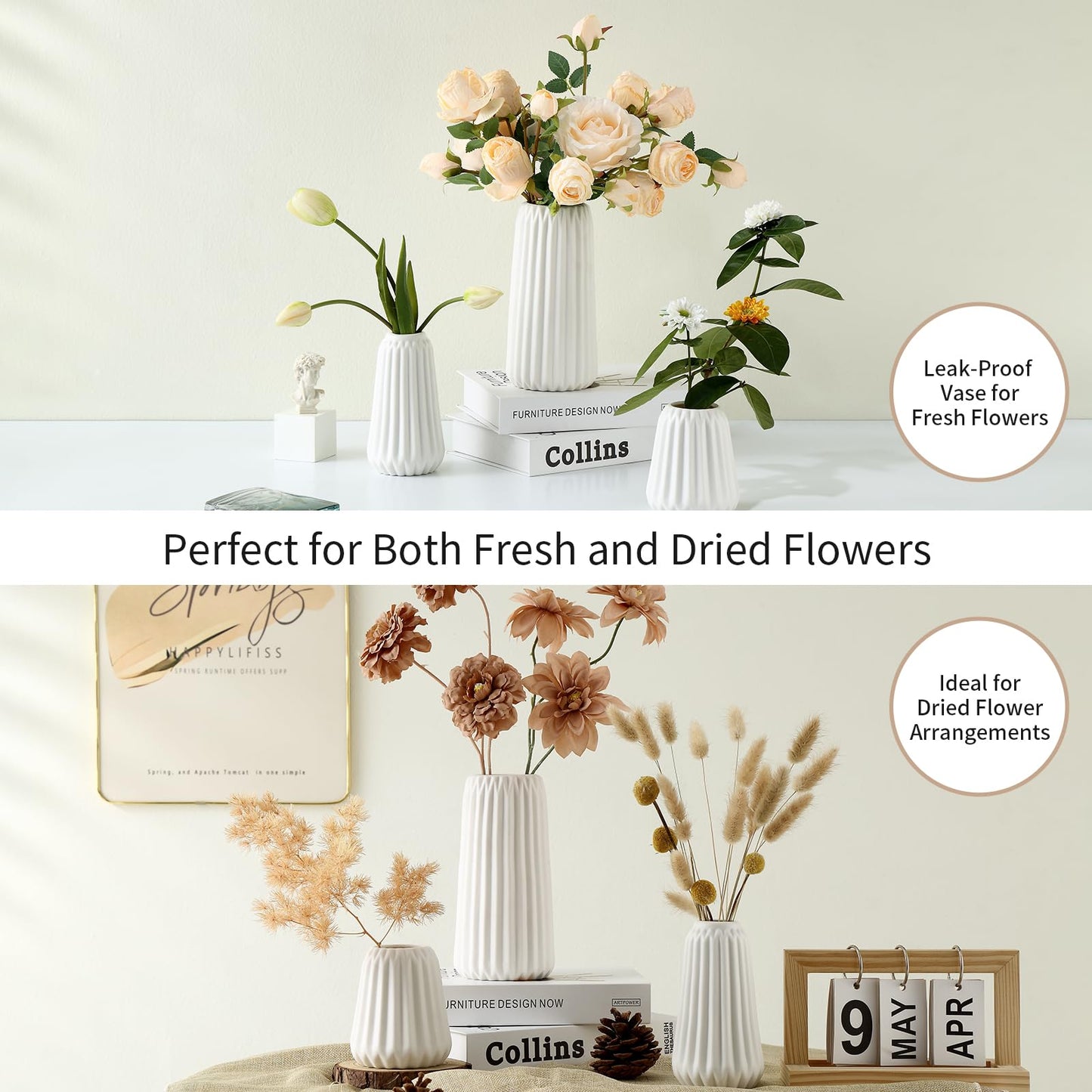 Ordeluxe Set Ceramica, Vaso Ceramica Decorativo per Fiori, Bianco Corto Alto Vasi Moderni Fiori Secchi Decorativi , spedizione gratuita su ordine superiore a 50€