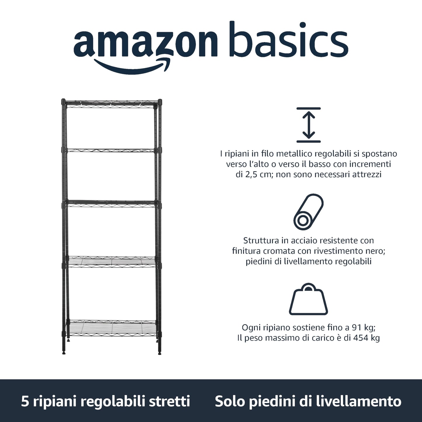 Amazon Basics Scaffaliera a 5 ripiani stretti, altezza dei ripiani e piedini di livellamento regolabili, senza rotelle, Nero, 60.1 x 35.6 x 152.4 cm (D x W x H)