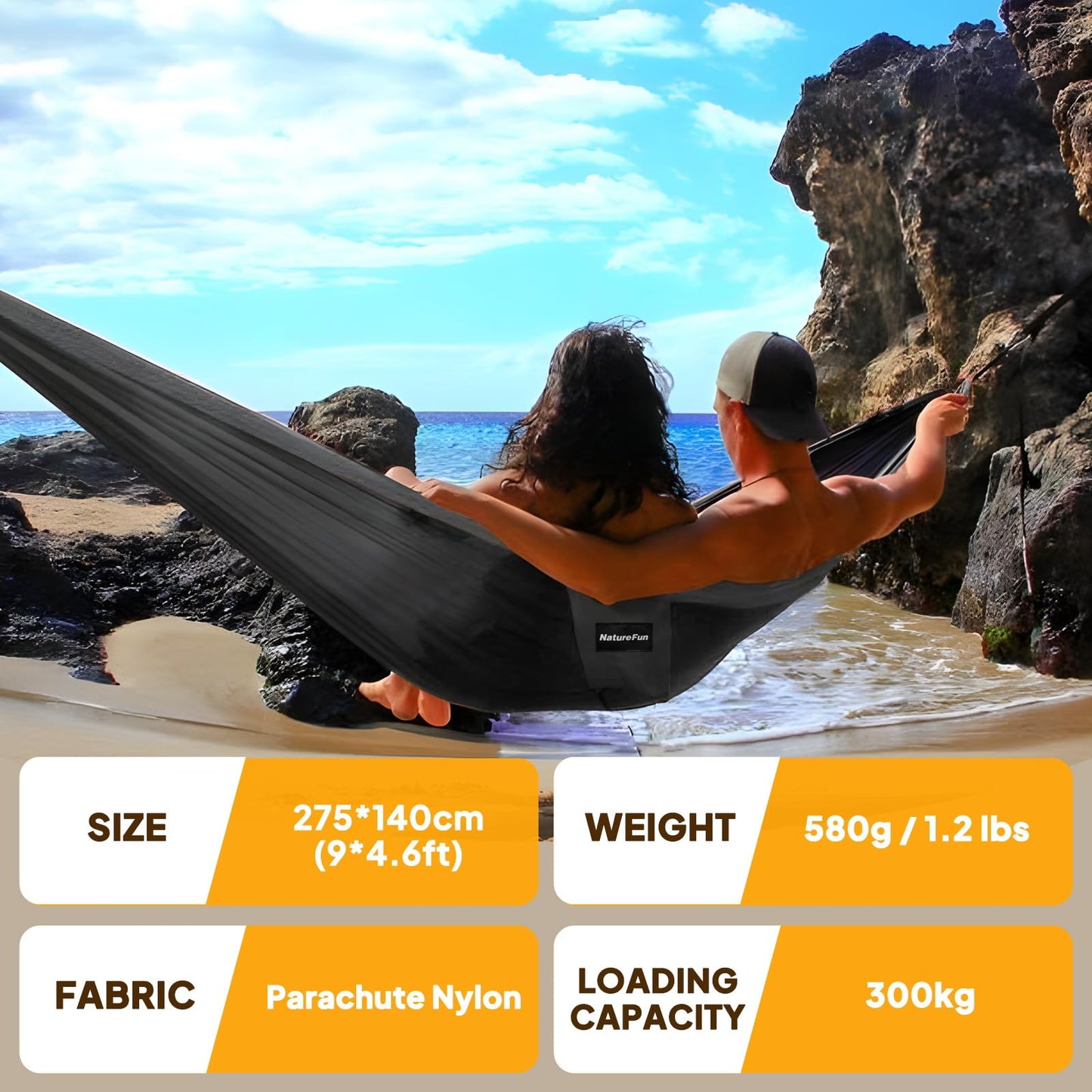 NTUREFUN Amaca da Campeggio da Viaggio Ultraleggera | Capacità di Carico 300kg,(275 x140 cm) Traspirante,Nylon da Paracadute ad Asciugatura Rapida | 2 x Moschettoni, 2 x Corde in Nylon Incluse