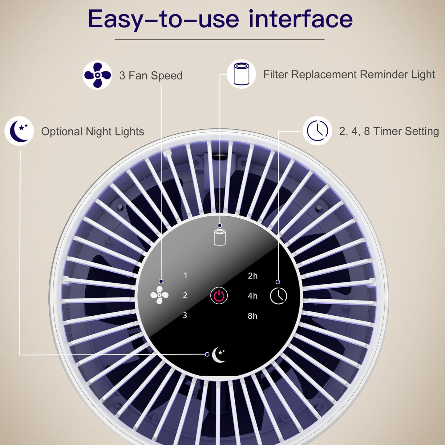 Aircillin Purificatore d'Aria, Copertura Massima 765Sq Ft, Purificatore Aria 3 Velocità Con Filtro HEPA, Può Rimuovere Il 99,97% di Polvere, Polline, Fumo, Timer, 23 dB, Luce notturna