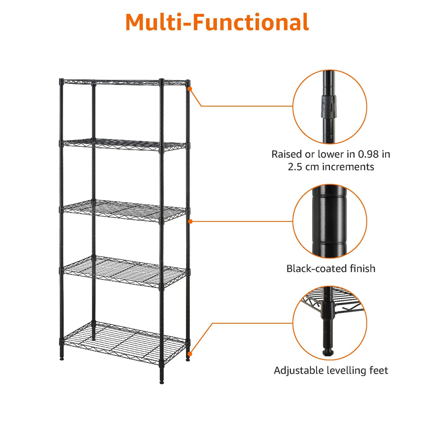 Amazon Basics Scaffaliera a 5 ripiani stretti, altezza dei ripiani e piedini di livellamento regolabili, senza rotelle, Nero, 60.1 x 35.6 x 152.4 cm (D x W x H)