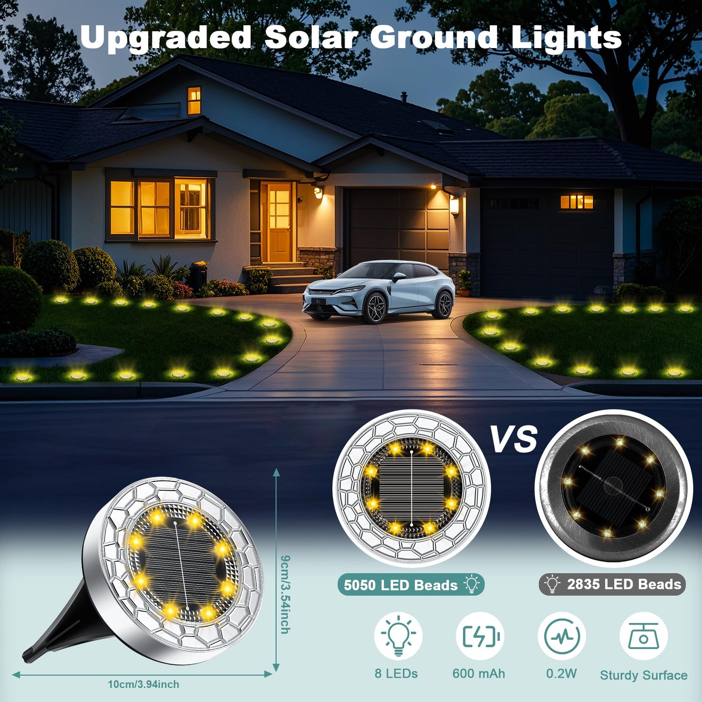 FIFlying 10 pezzi Luci Solari da Giardino, 8 LED Lampade Solare da Terra, Acciaio Inossidabile Bianco Caldo Faretti Sepolta Solari a Led da Esterno, per Prato, Vialetto, Marciapiede, Patio