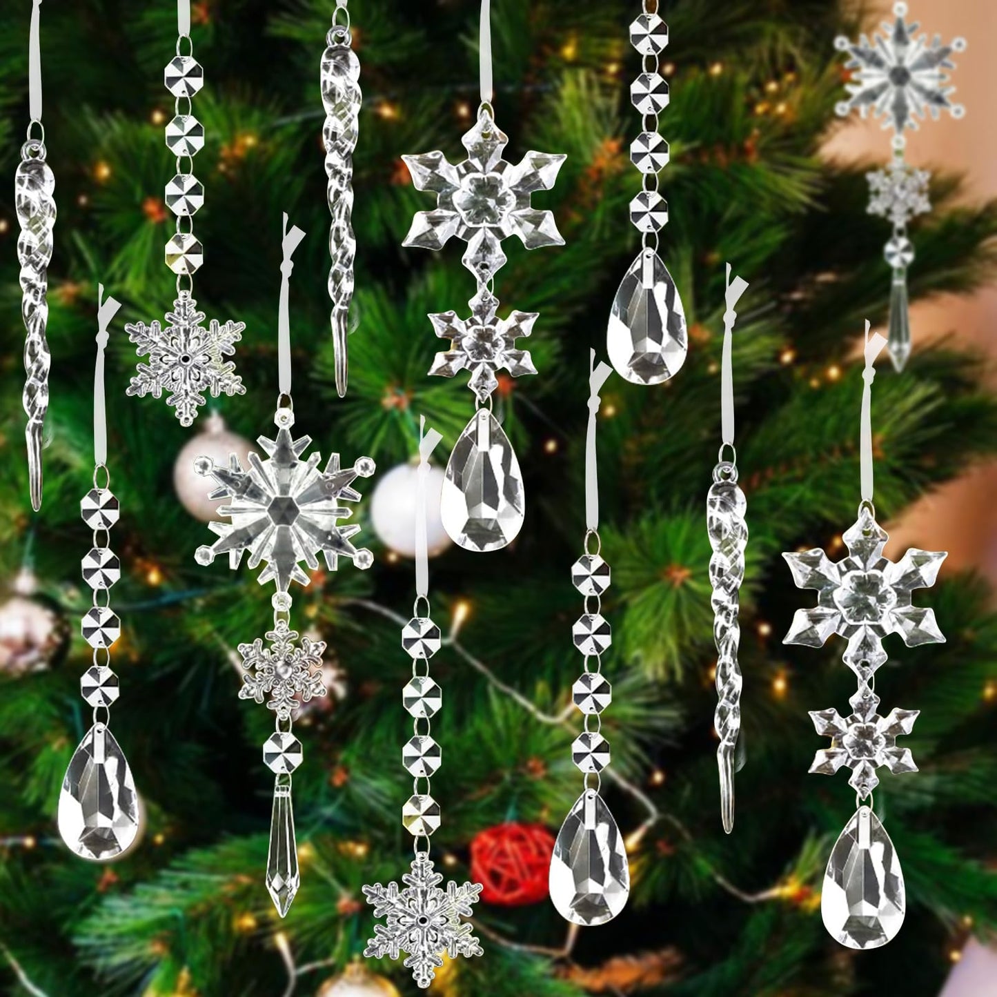 Jogoico Decorazione Natalizia Acrilico Fiocco di Neve Ghiaccioli Ornamenti Set 10 Pezzi, Ghiaccioli Albero di Natale, Fiocco di Neve Trasparenti Ciondolo in Cristallo Acrilico per la Festa , spedizione gratuita su ordine superiore a 50€