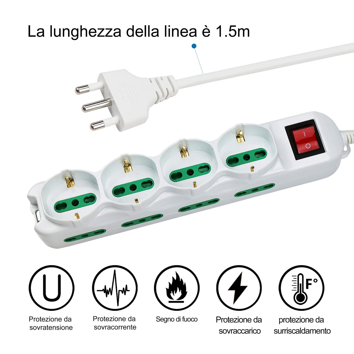 Extrastar Multipresa 12 Posti 4 polivalenti (schuko 10/16A) 8 bivalenti 10/16A, Colore bianco, Cavo 1.5 m - Spina 16A