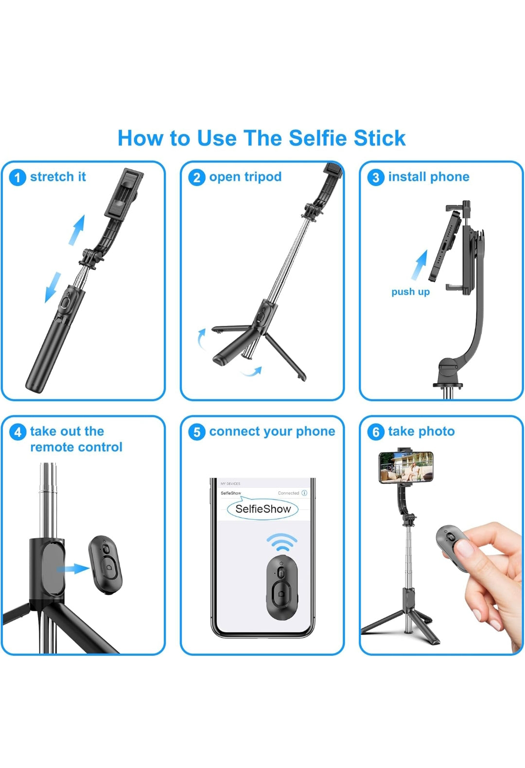 SelfieShow Bastone Selfie per Iphone, 106cm Estensibile Selfie Stick Monopiede 4 in 1 Asta Bastone Selfie Treppiede con Telecomando Wireless Rimovibile per iPhone Samsung Huawei Smartphone , spedizione gratuita su ordine superiore 50€