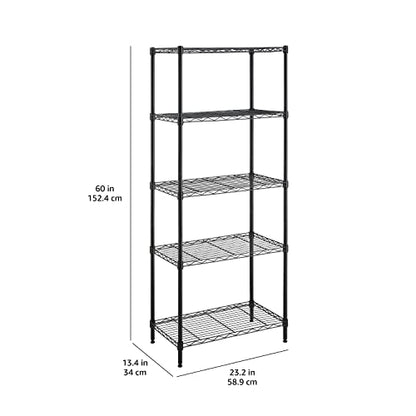 Amazon Basics Scaffaliera a 5 ripiani stretti, altezza dei ripiani e piedini di livellamento regolabili, senza rotelle, Nero, 60.1 x 35.6 x 152.4 cm (D x W x H)