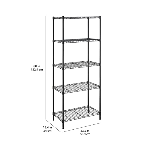 Amazon Basics Scaffaliera a 5 ripiani stretti, altezza dei ripiani e piedini di livellamento regolabili, senza rotelle, Nero, 60.1 x 35.6 x 152.4 cm (D x W x H)