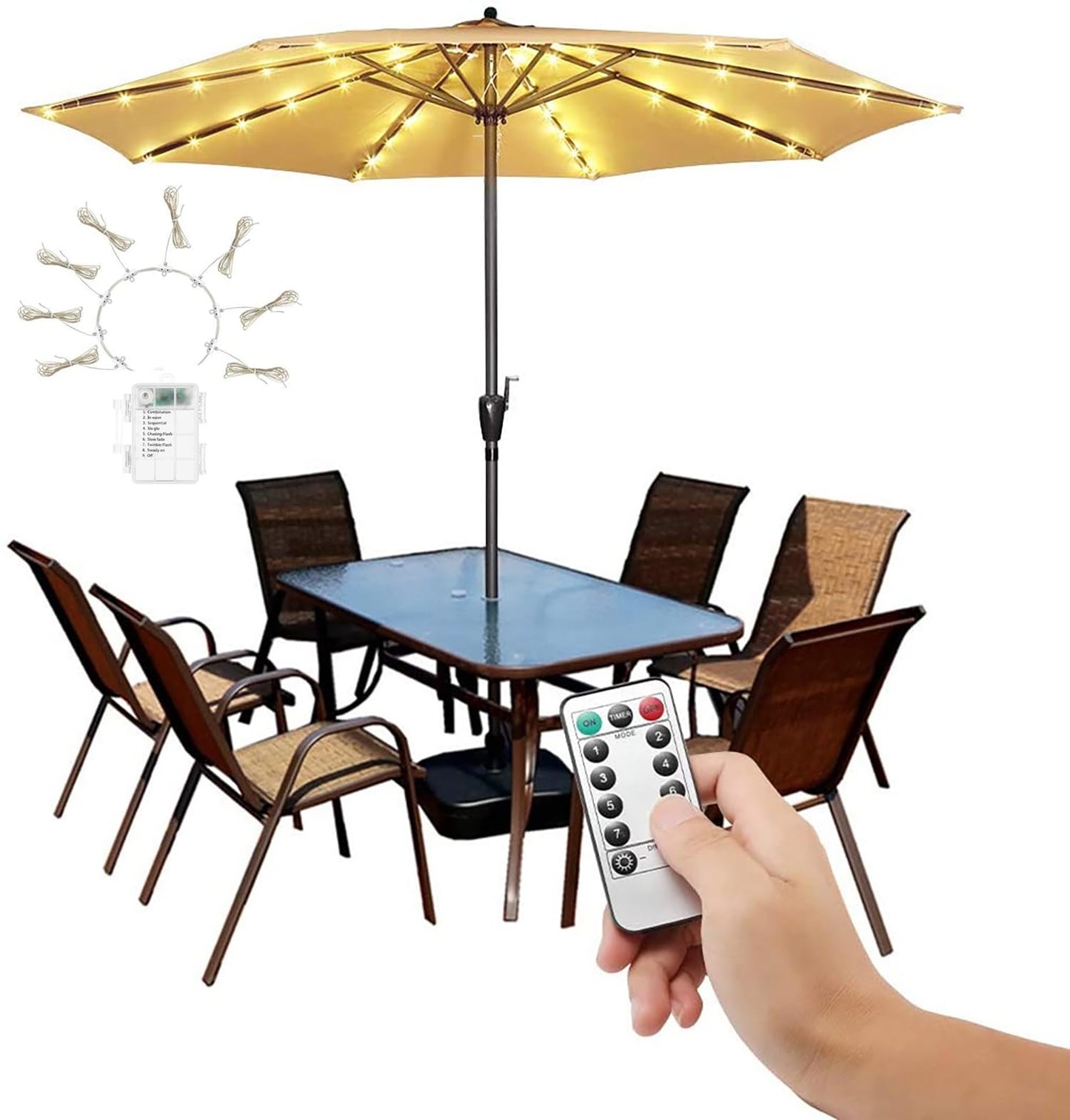 EONANT Catena luminosa per ombrellone, 104 LED, luci per ombrellone con telecomando, 8 modalità, funzionamento a batteria, luci decorative, tenda da campeggio (bianco caldo)