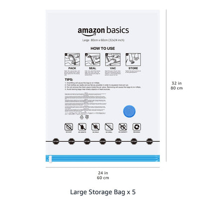 Amazon Basics Sacchetti sottovuoto con pompa a mano, Cerniera, misura grande, confezione da 5, Trasparente