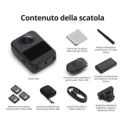 DJI Osmo 360 Combo Adventure, fotocamera 360 con immagini a 360° da 1 pollice, durata della batteria estesa con 3 batterie, video a 360° nativi in 8K, action cam per sport, vlog