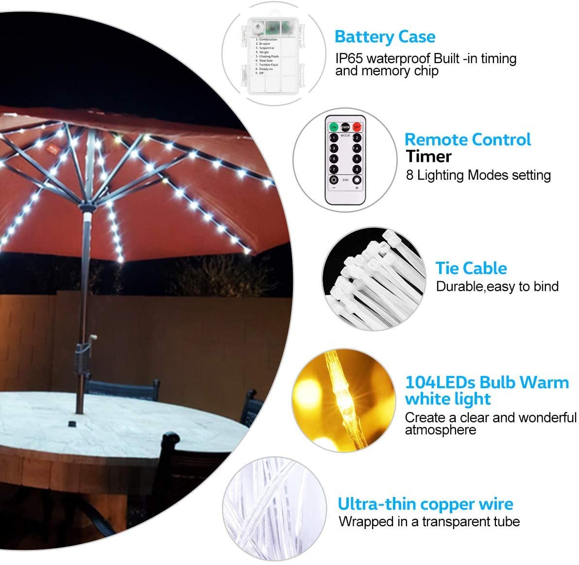 EONANT Catena luminosa per ombrellone, 104 LED, luci per ombrellone con telecomando, 8 modalità, funzionamento a batteria, luci decorative, tenda da campeggio (bianco caldo)