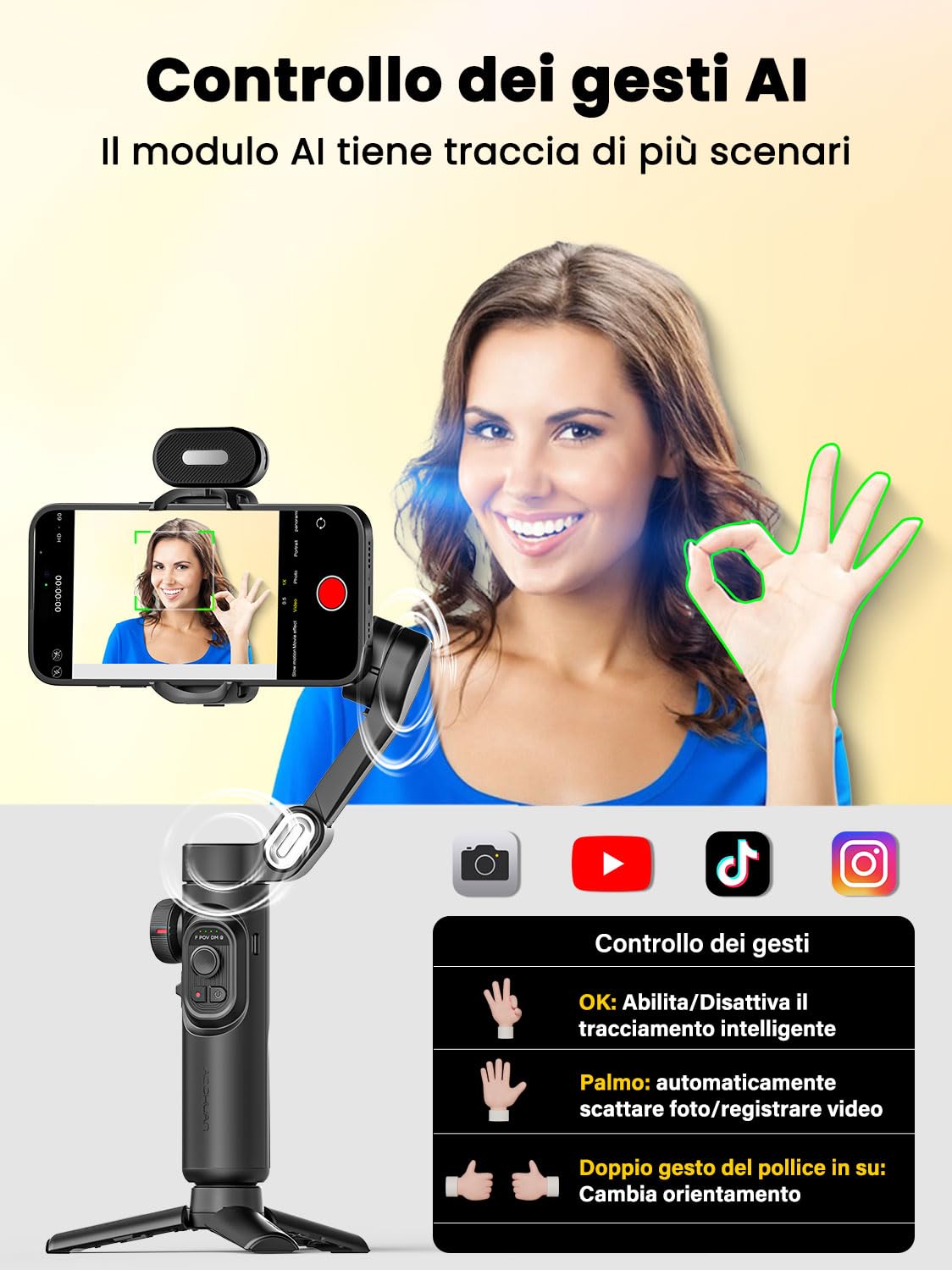 AOCHUAN SmartphoneStabilizzatore Gimbal, Tracciamento AI SENZA APP, Controllo dei Gesti, Gimbal Inception con TikTok YouTube, Stabilizzatore Pieghevole a 3 Assi per iPhone e Android - Versione XE AI