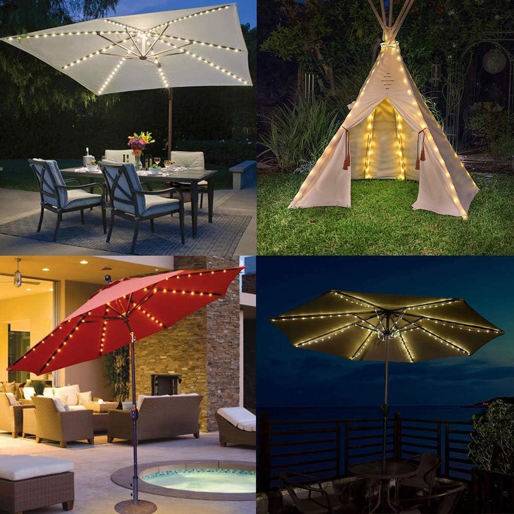 EONANT Catena luminosa per ombrellone, 104 LED, luci per ombrellone con telecomando, 8 modalità, funzionamento a batteria, luci decorative, tenda da campeggio (bianco caldo)