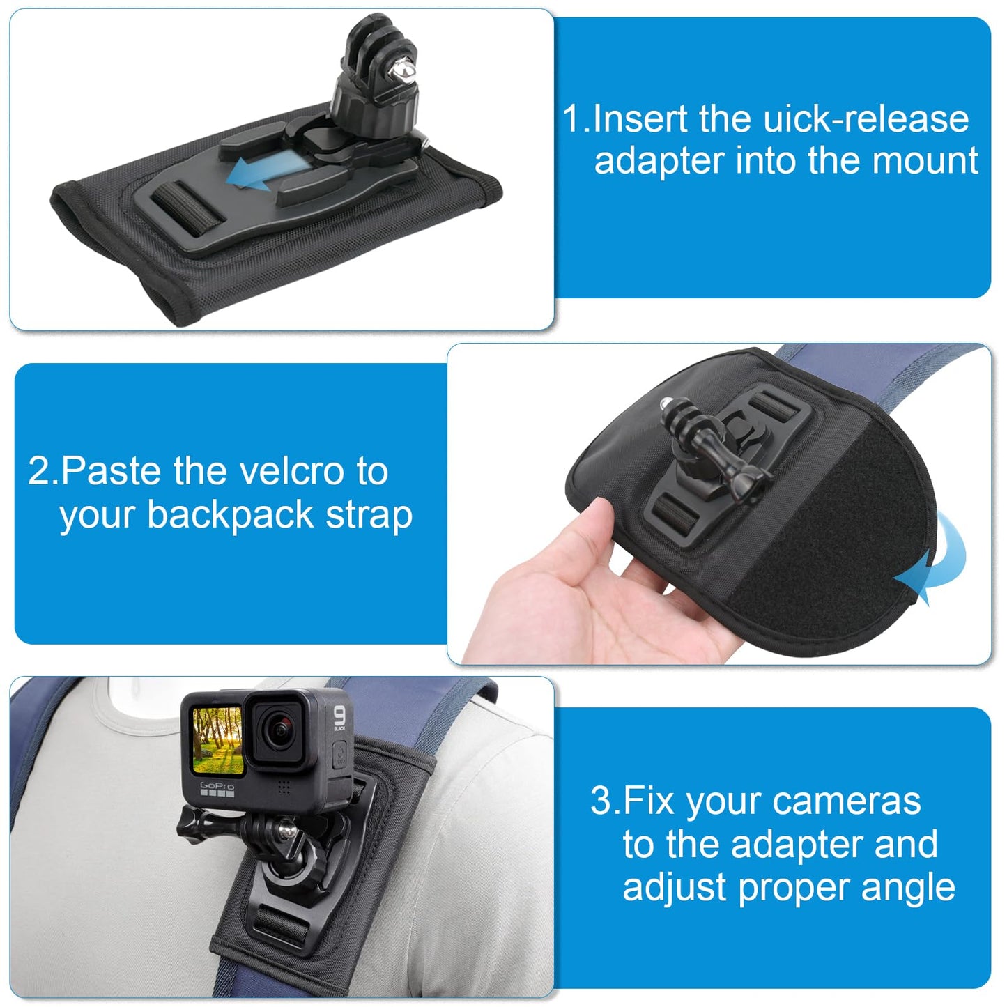 Zaino Tracolla Staffa Girevole 360 Gradi con Spallacci Regolabile per GoPro Hero 13/12/11/10/9/8/7/6/5 Balck, DJI Osmo Action 5 Pro 4 3 Insta360 X5 X4 X3 Fotocamera Supporto Zaino Accessori