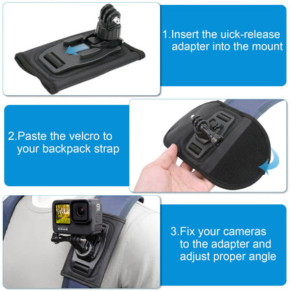Zaino Tracolla Staffa Girevole 360 Gradi con Spallacci Regolabile per GoPro Hero 13/12/11/10/9/8/7/6/5 Balck, DJI Osmo Action 5 Pro 4 3 Insta360 X5 X4 X3 Fotocamera Supporto Zaino Accessori