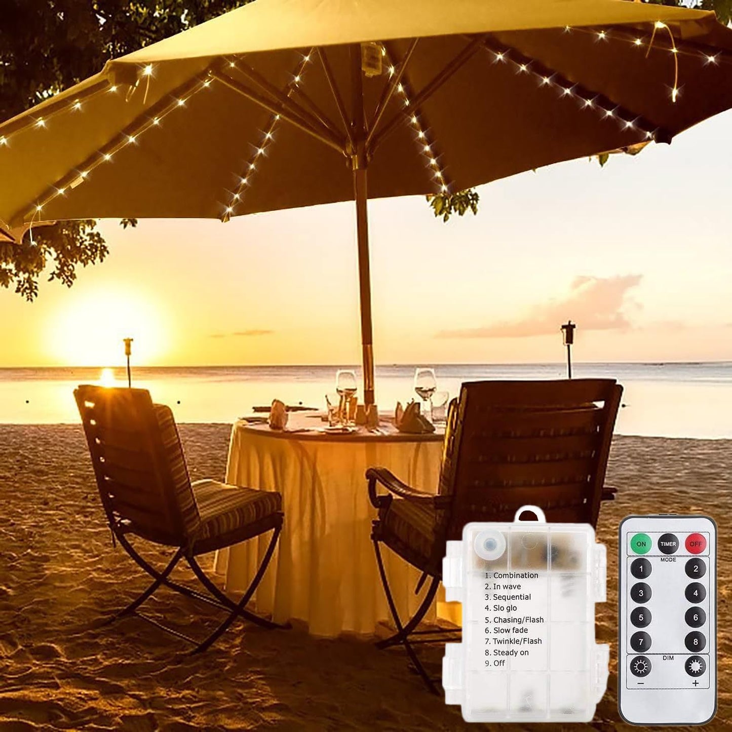 EONANT Catena luminosa per ombrellone, 104 LED, luci per ombrellone con telecomando, 8 modalità, funzionamento a batteria, luci decorative, tenda da campeggio (bianco caldo)