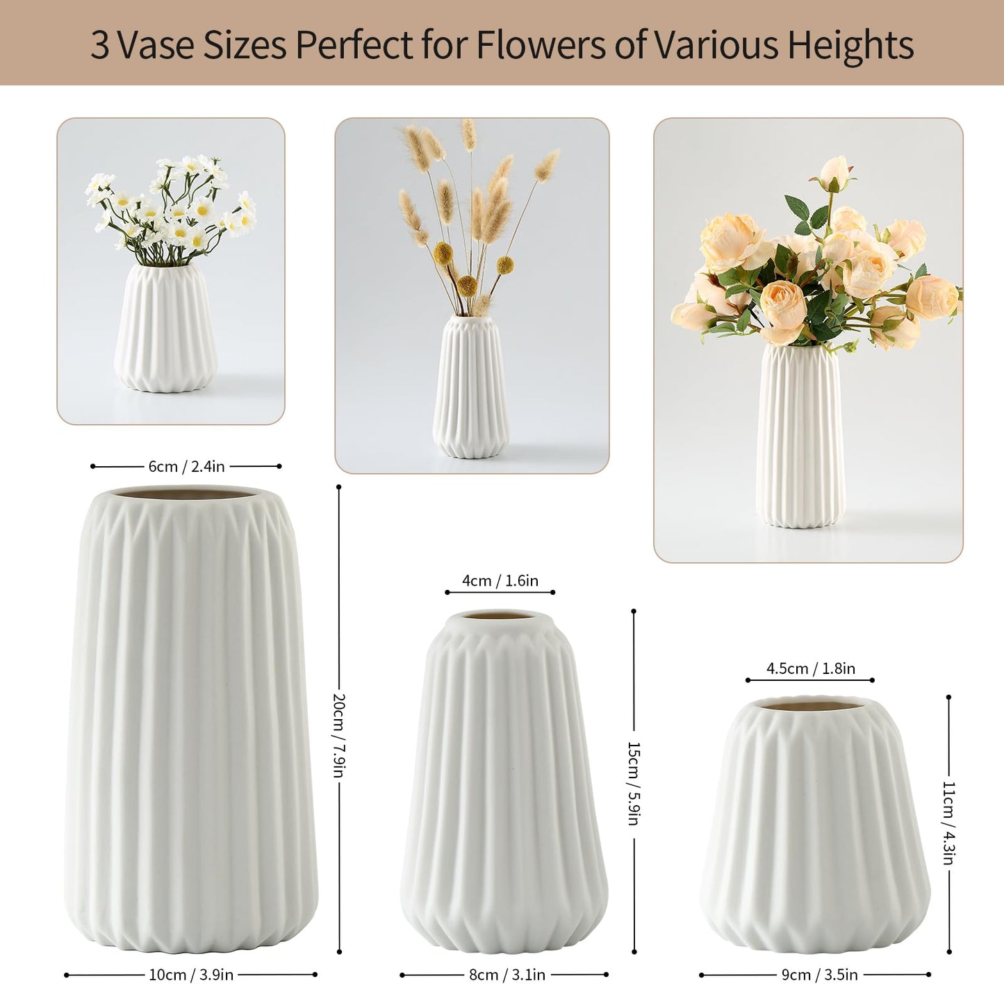 Ordeluxe Set Ceramica, Vaso Ceramica Decorativo per Fiori, Bianco Corto Alto Vasi Moderni Fiori Secchi Decorativi , spedizione gratuita su ordine superiore a 50€