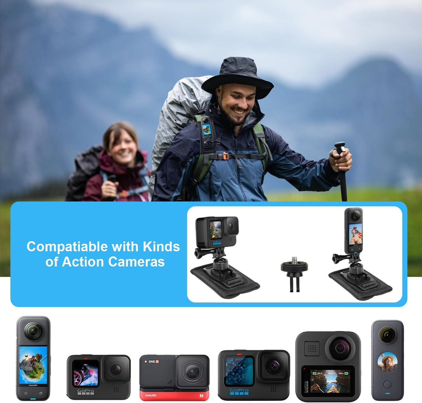Zaino Tracolla Staffa Girevole 360 Gradi con Spallacci Regolabile per GoPro Hero 13/12/11/10/9/8/7/6/5 Balck, DJI Osmo Action 5 Pro 4 3 Insta360 X5 X4 X3 Fotocamera Supporto Zaino Accessori