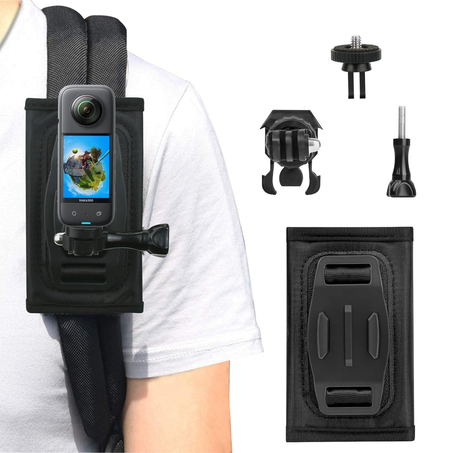 Zaino Tracolla Staffa Girevole 360 Gradi con Spallacci Regolabile per GoPro Hero 13/12/11/10/9/8/7/6/5 Balck, DJI Osmo Action 5 Pro 4 3 Insta360 X5 X4 X3 Fotocamera Supporto Zaino Accessori