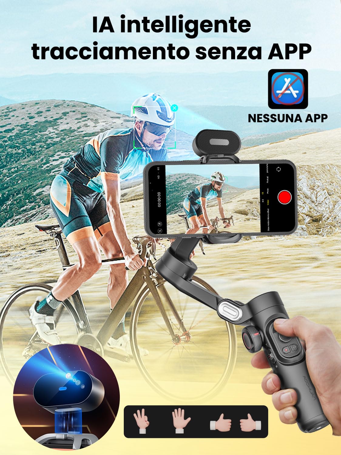 AOCHUAN SmartphoneStabilizzatore Gimbal, Tracciamento AI SENZA APP, Controllo dei Gesti, Gimbal Inception con TikTok YouTube, Stabilizzatore Pieghevole a 3 Assi per iPhone e Android - Versione XE AI