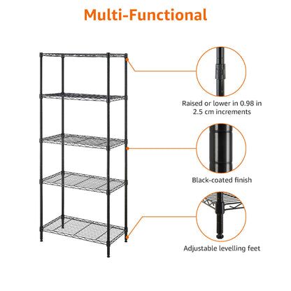 Amazon Basics Scaffaliera a 5 ripiani stretti, altezza dei ripiani e piedini di livellamento regolabili, senza rotelle, Nero, 60.1 x 35.6 x 152.4 cm (D x W x H)