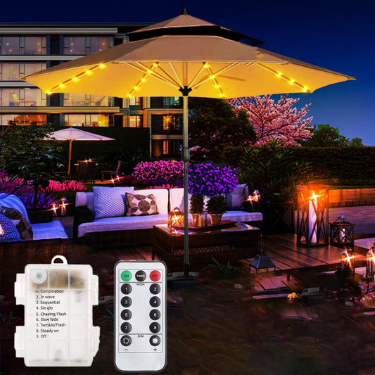 EONANT Catena luminosa per ombrellone, 104 LED, luci per ombrellone con telecomando, 8 modalità, funzionamento a batteria, luci decorative, tenda da campeggio (bianco caldo)