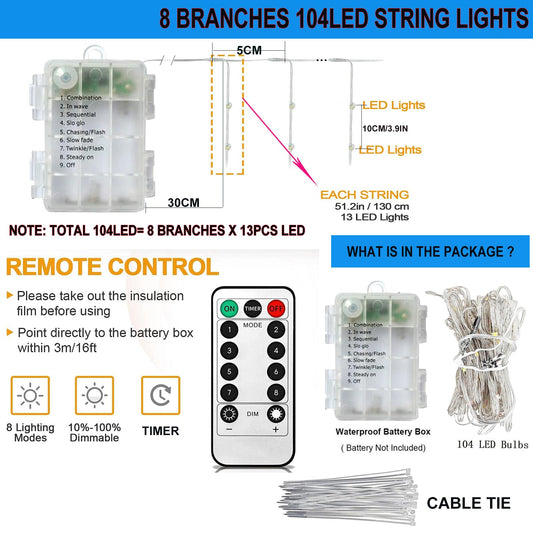 EONANT Catena luminosa per ombrellone, 104 LED, luci per ombrellone con telecomando, 8 modalità, funzionamento a batteria, luci decorative, tenda da campeggio (bianco caldo)