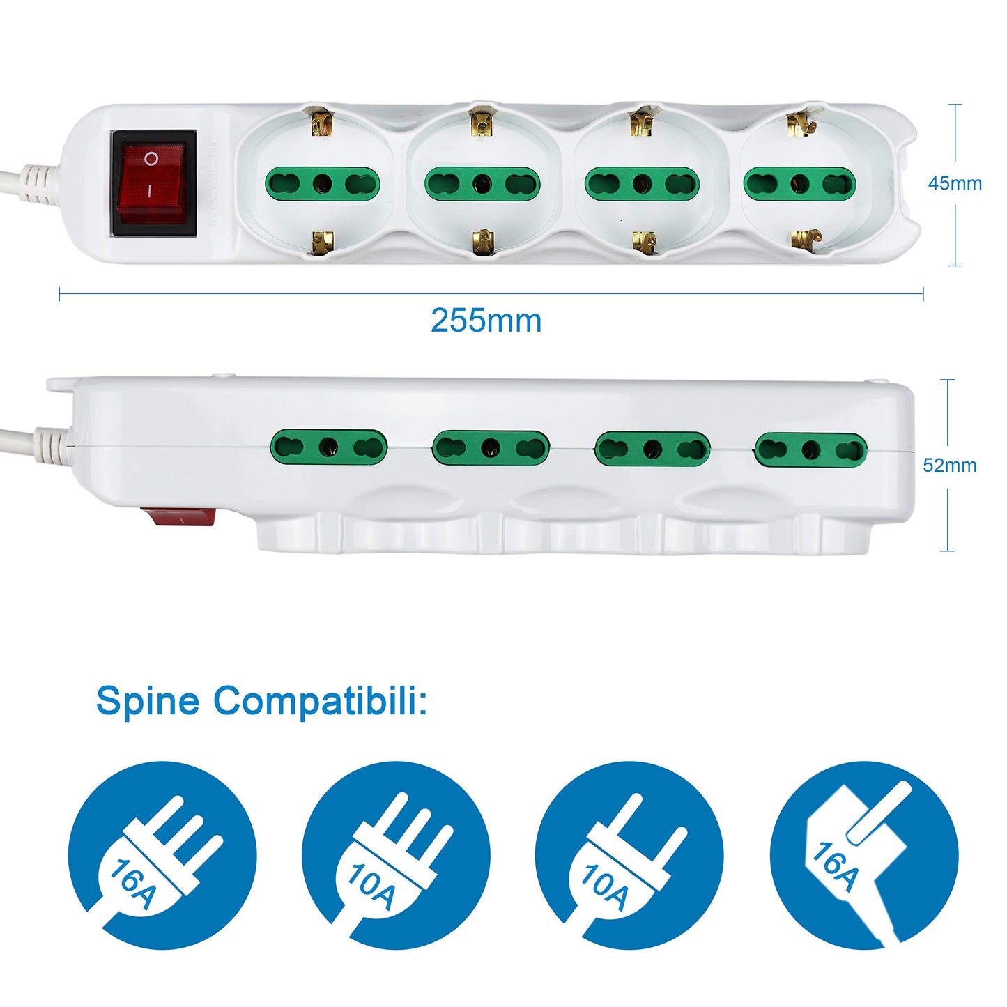 Extrastar Multipresa 12 Posti 4 polivalenti (schuko 10/16A) 8 bivalenti 10/16A, Colore bianco, Cavo 1.5 m - Spina 16A