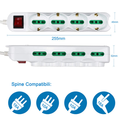 Extrastar Multipresa 12 Posti 4 polivalenti (schuko 10/16A) 8 bivalenti 10/16A, Colore bianco, Cavo 1.5 m - Spina 16A