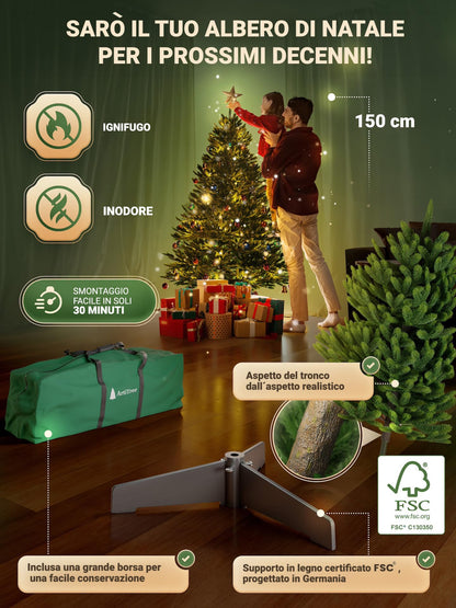 Albero di Natale artificiale [100% stampato a iniezione] - Nordman realistico con cima robusta | christmas tree di prima qualità con supporto in legno certificato FSC (150 cm, con illuminazione) , spedizione gratuita su ordine superiore a 50€
