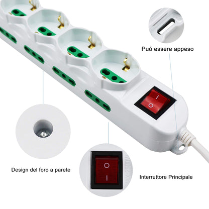 Extrastar Multipresa 12 Posti 4 polivalenti (schuko 10/16A) 8 bivalenti 10/16A, Colore bianco, Cavo 1.5 m - Spina 16A