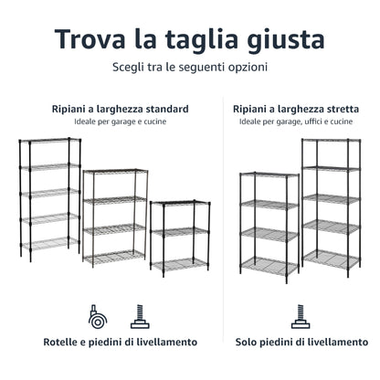 Amazon Basics Scaffaliera a 5 ripiani stretti, altezza dei ripiani e piedini di livellamento regolabili, senza rotelle, Nero, 60.1 x 35.6 x 152.4 cm (D x W x H)
