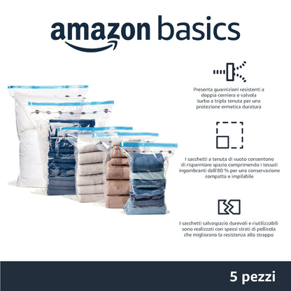 Amazon Basics Sacchetti sottovuoto con pompa a mano, Cerniera, misura grande, confezione da 5, Trasparente