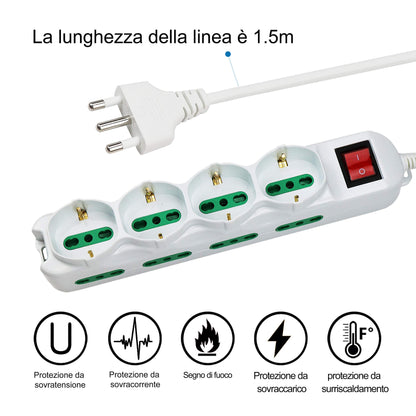 Extrastar Multipresa 12 Posti 4 polivalenti (schuko 10/16A) 8 bivalenti 10/16A, Colore bianco, Cavo 1.5 m - Spina 16A