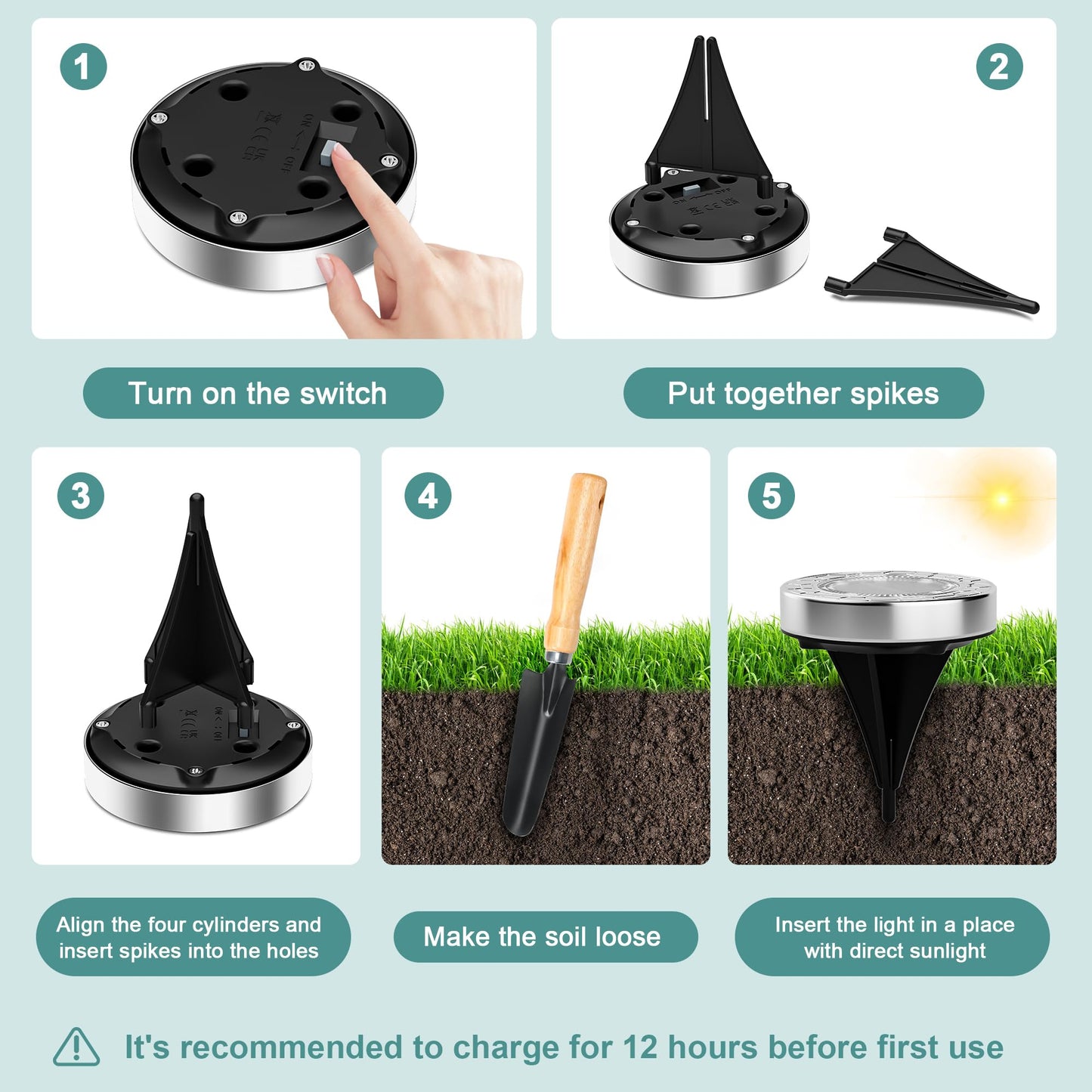 FIFlying 10 pezzi Luci Solari da Giardino, 8 LED Lampade Solare da Terra, Acciaio Inossidabile Bianco Caldo Faretti Sepolta Solari a Led da Esterno, per Prato, Vialetto, Marciapiede, Patio