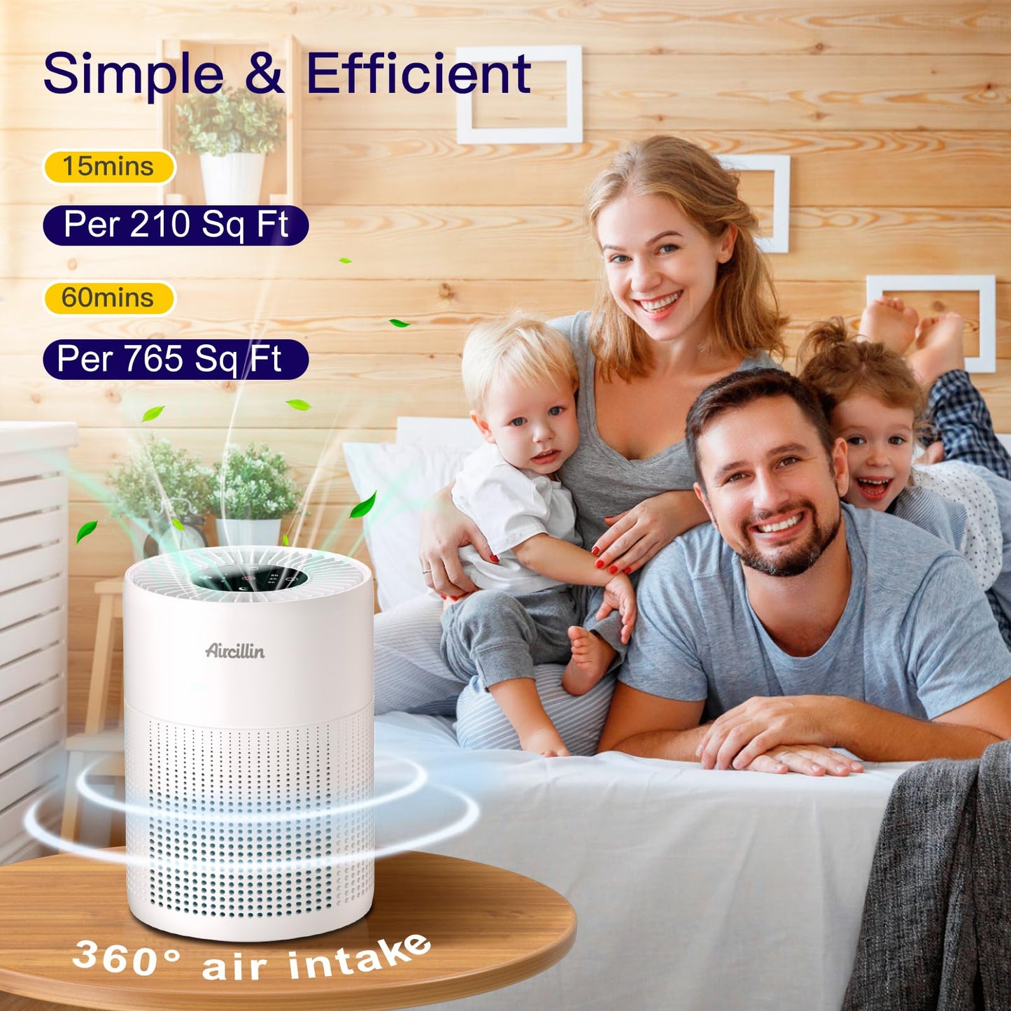 Aircillin Purificatore d'Aria, Copertura Massima 765Sq Ft, Purificatore Aria 3 Velocità Con Filtro HEPA, Può Rimuovere Il 99,97% di Polvere, Polline, Fumo, Timer, 23 dB, Luce notturna