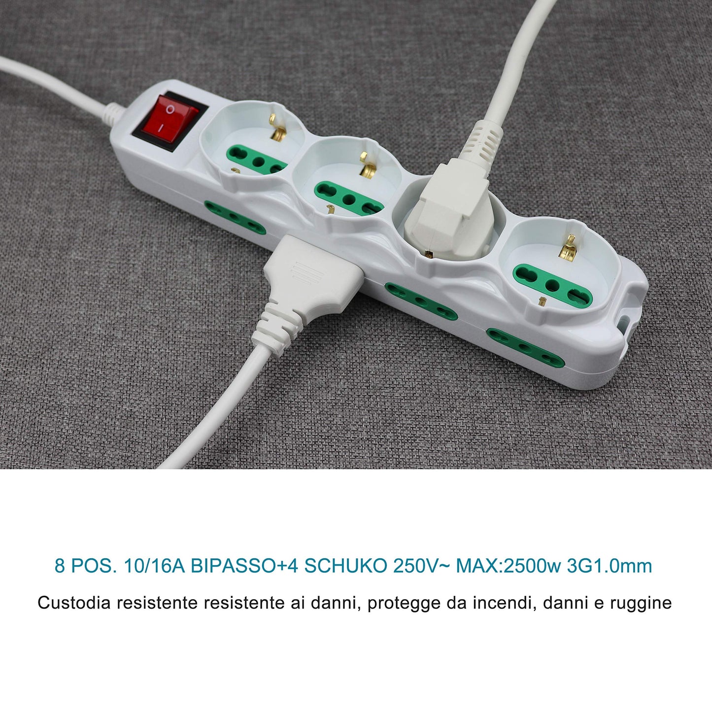 Extrastar Multipresa 12 Posti 4 polivalenti (schuko 10/16A) 8 bivalenti 10/16A, Colore bianco, Cavo 1.5 m - Spina 16A