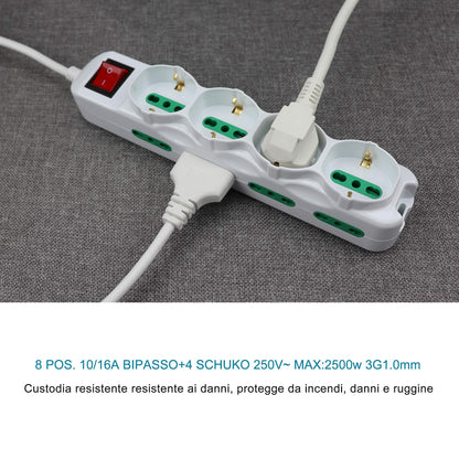 Extrastar Multipresa 12 Posti 4 polivalenti (schuko 10/16A) 8 bivalenti 10/16A, Colore bianco, Cavo 1.5 m - Spina 16A