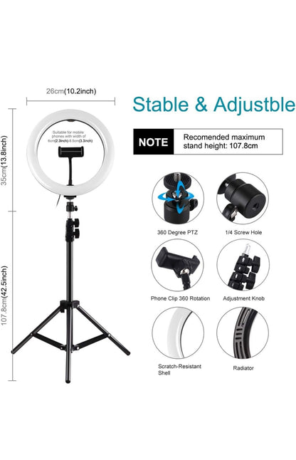 APP LIFE Ring Light Luce per Selfie da 10 Pollici - Staffa Triangolare - Luce ad Anello LED da 3 modalità di illuminazione con 10 luminosità - Trucco, Fotografia, YouTube, TikTok, Video selfie , consegna gratuita