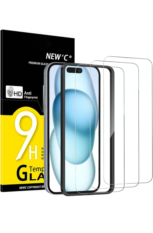 NEW'C 3 Pezzi, Vetro Temperato per iPhone 16, iPhone 15 (6,1 Pollici), Pellicola Prottetiva Anti Graffio - Ultra resistente - Trasparente HD - Strumento di installazione facile incluso , Disponibile tutti gli iphone , Consegna gratuita su ordine 50€