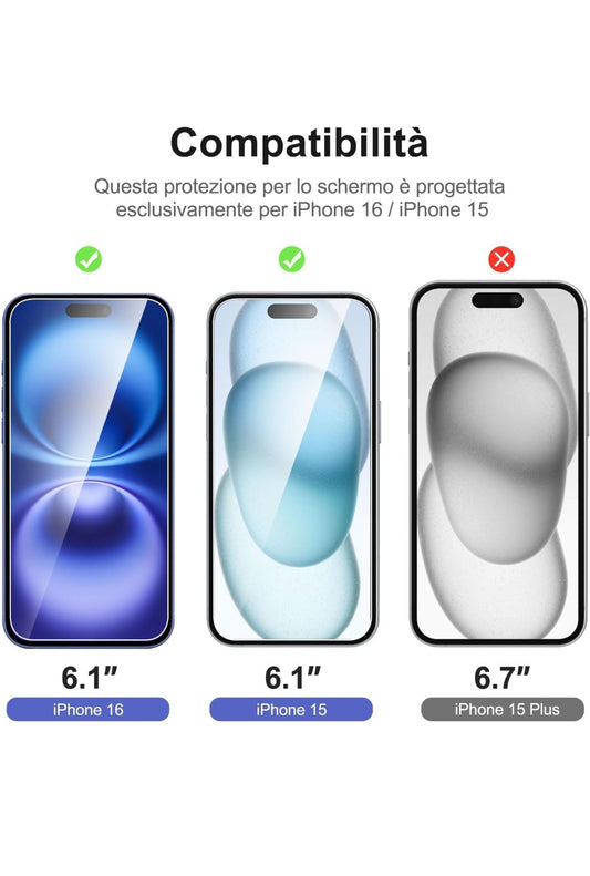 NEW'C 3 Pezzi, Vetro Temperato per iPhone 16, iPhone 15 (6,1 Pollici), Pellicola Prottetiva Anti Graffio - Ultra resistente - Trasparente HD - Strumento di installazione facile incluso , Disponibile tutti gli iphone , Consegna gratuita su ordine 50€