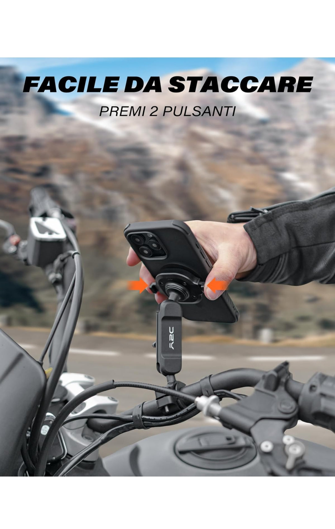A2C Supporto per telefono da moto, con blocco one-touch, per manubrio della moto, con braccio a sgancio rapido, adatto per iPhone 16, 15, 14, 13, Samsung S24 Ultra, dispositivi da 4,7" a 6,9", colore spedizione gratuita su ordine superiore a 50€