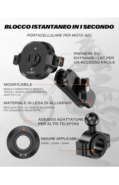 A2C Supporto per telefono da moto, con blocco one-touch, per manubrio della moto, con braccio a sgancio rapido, adatto per iPhone 16, 15, 14, 13, Samsung S24 Ultra, dispositivi da 4,7" a 6,9", colore spedizione gratuita su ordine superiore a 50€