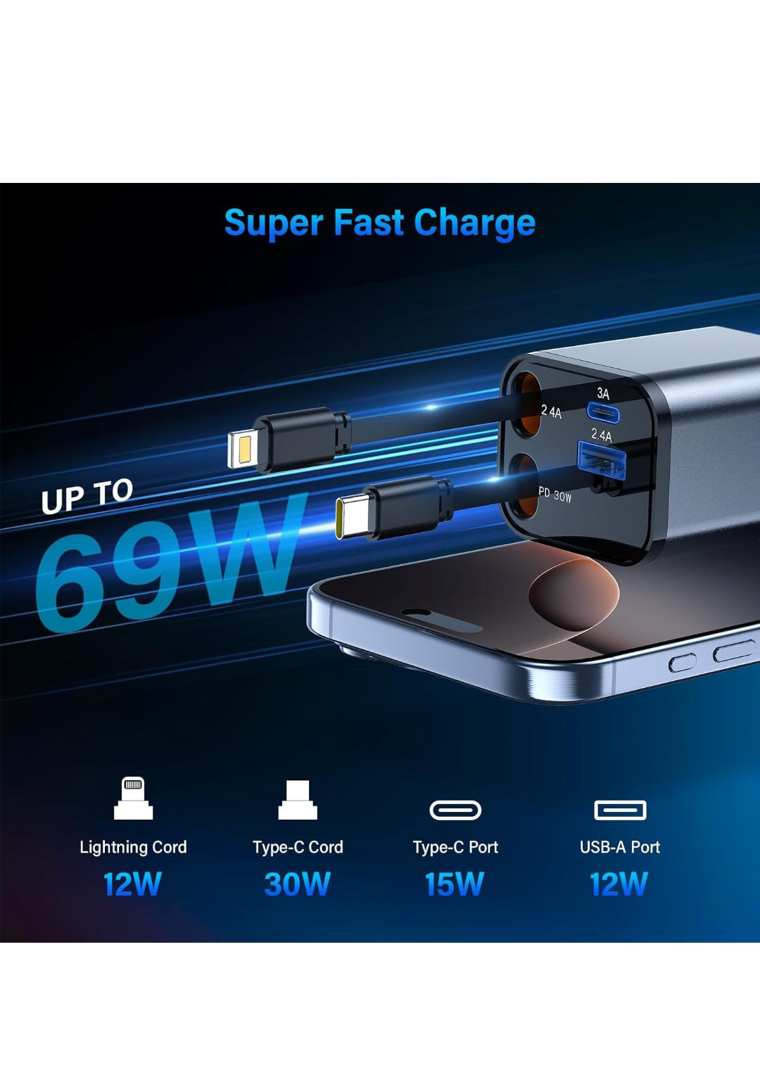 BOOTEEK 4 in 1 Caricatore Auto 69W Carica Rapida Caricatore per Auto USB C con Cavo Retrattile & Porta USB-C/A, Caricabatterie Auto Accendisigari per iPhone 16/15/14/13/12/Samsung S25, Veicoli 12/24V , spedizione gratuita su ordine superiore 50€