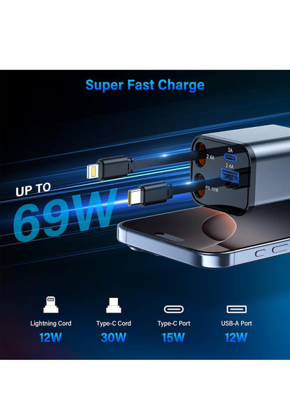 BOOTEEK 4 in 1 Caricatore Auto 69W Carica Rapida Caricatore per Auto USB C con Cavo Retrattile & Porta USB-C/A, Caricabatterie Auto Accendisigari per iPhone 16/15/14/13/12/Samsung S25, Veicoli 12/24V , spedizione gratuita su ordine superiore 50€