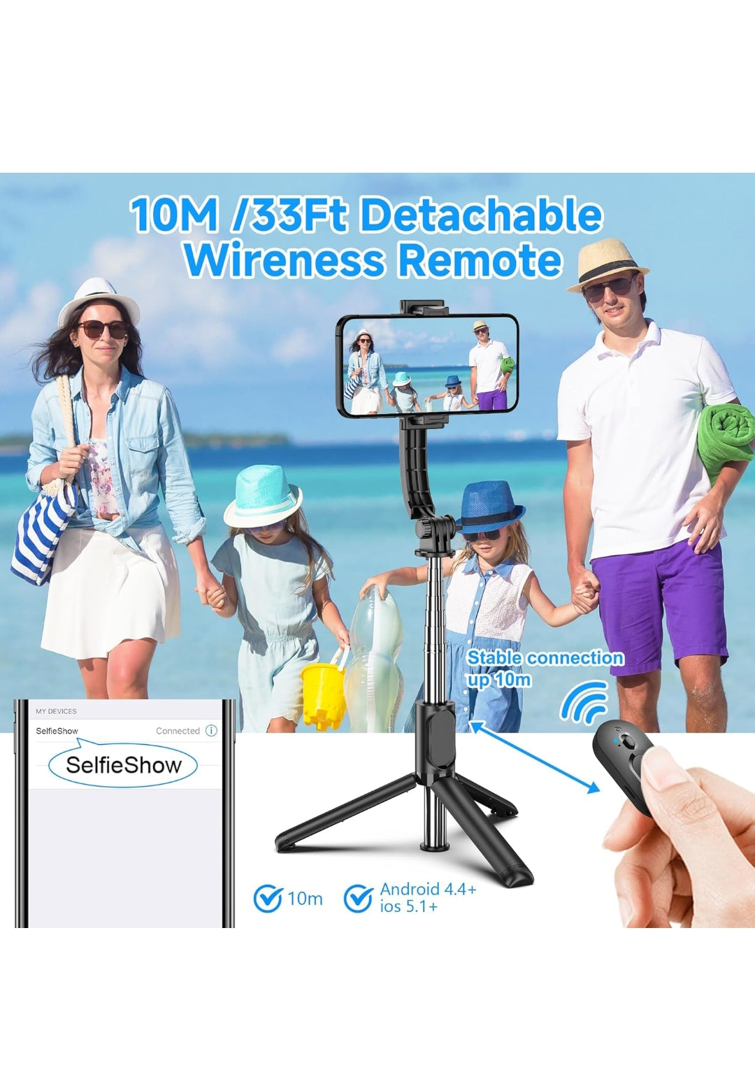 SelfieShow Bastone Selfie per Iphone, 106cm Estensibile Selfie Stick Monopiede 4 in 1 Asta Bastone Selfie Treppiede con Telecomando Wireless Rimovibile per iPhone Samsung Huawei Smartphone , spedizione gratuita su ordine superiore 50€