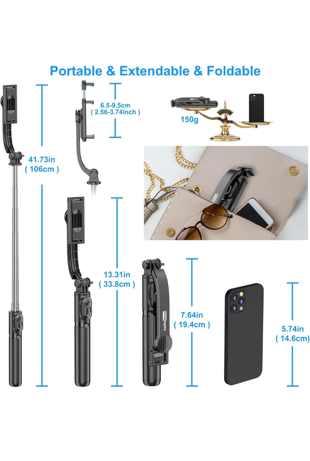 SelfieShow Bastone Selfie per Iphone, 106cm Estensibile Selfie Stick Monopiede 4 in 1 Asta Bastone Selfie Treppiede con Telecomando Wireless Rimovibile per iPhone Samsung Huawei Smartphone , spedizione gratuita su ordine superiore 50€